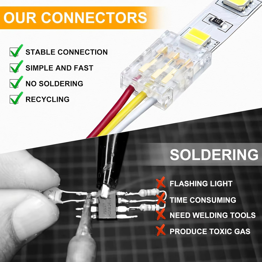 Lötfreier COB-LED-Drahtverbinder mit 8 mm und 10 mm Anschluss für FCOB RGB CCT LED-Streifen, Set aus 2 3-poligen Steckern mit Draht, Mehrfarbig - Bild 3