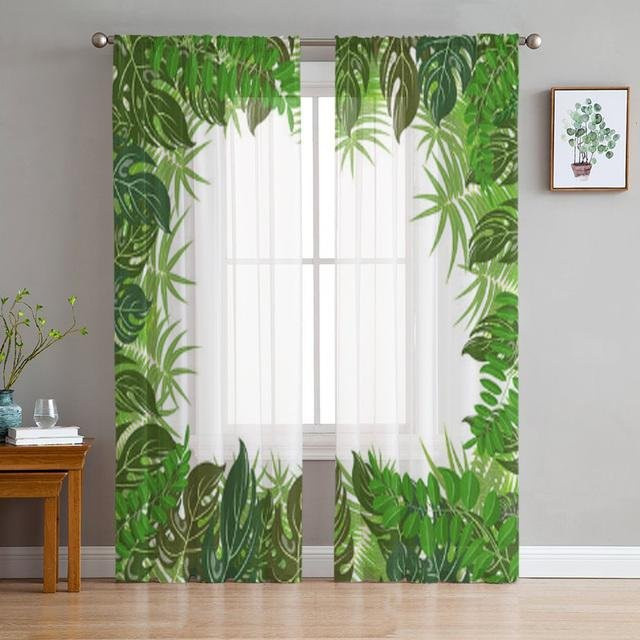 Transparenter Tüllvorhang mit tropischem grünen Pflanzenmuster von A Family Of Home Textiles, Breite: 135 cm, Höhe: 114 cm - Bild 1