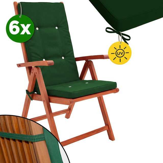 6er-Set Vanamo Stuhlauflagen für Hochlehner in Grün aus wasserabweisendem DETEX Polyester mit Bindebändern, B/T/H: 45 x 45 x 5 cm - Bild 1