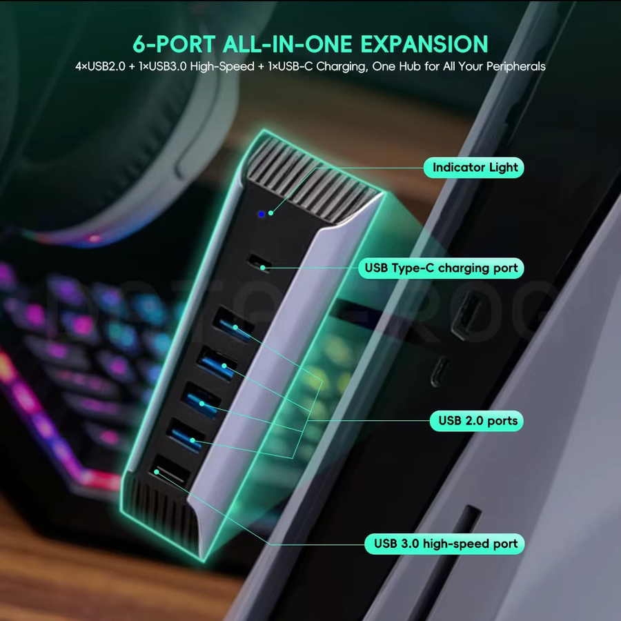 DATA FROG 6-Port USB 3.0 Hub für PS5 mit USB-C Splitter Erweiterungsadapter für Gaming-Zubehör - Bild 5