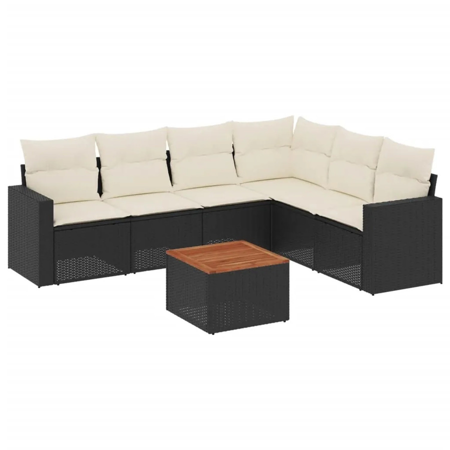 vidaXL 7-tlg Garten-Sofagarnitur aus Poly-Rattan und Akazienholz in Schwarz mit Kissen - Bild 2