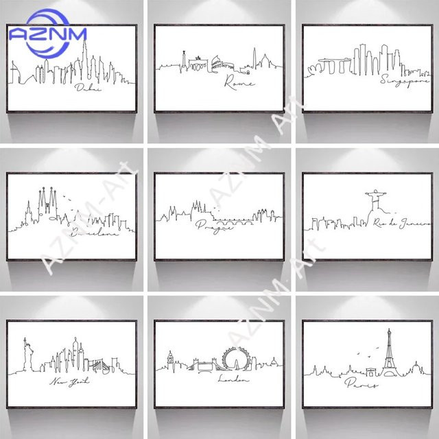 KAYOU Weltstadt-Linienzeichnungen Poster London New York Paris Minimalistische Kunstdrucke auf Leinwand in Schwarz-Weiß - Bild 1