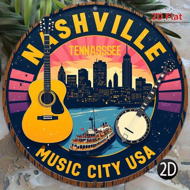 Potdemiel Nashville Tennessee Music City USA Metall-Wanddekoration Rundschild mit Skyline, Gitarre und Banjo in Multicolor - Bild 1