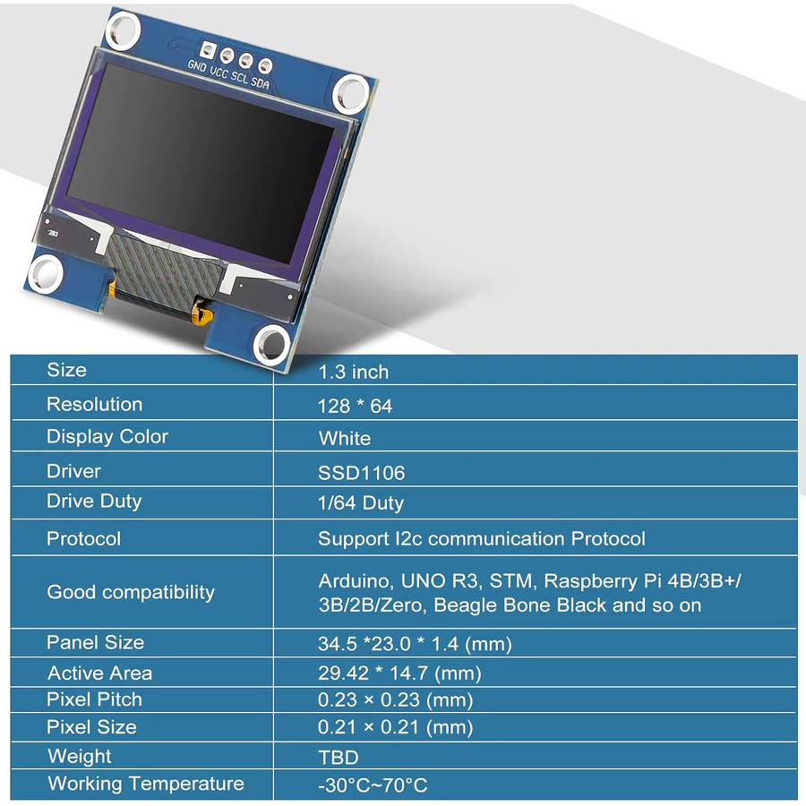 AOKIN 1,3-Zoll OLED-Anzeigemodul mit 128 x 64 Pixeln, I2C IIC Schnittstelle, CH1116 Treiber, selbstleuchtendes Display in Blau oder Weiß für Arduino und Raspberry Pi - Bild 4