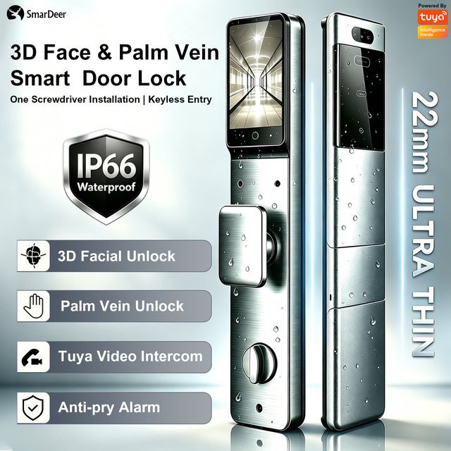 SmarDeer Smart Door Lock mit 3D-Gesichts- und Handvenenerkennung, IP66 wasserdicht, ultradünnes elektronisches Türschloss in Silber - Bild 1