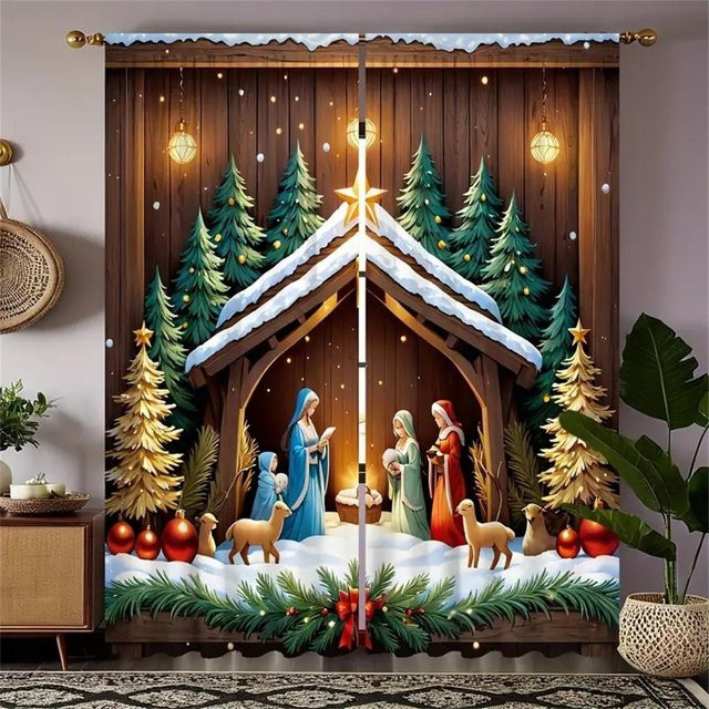 2er-Set Weihnachtsdekoration Vorhänge von Yiran Furniture mit Digitaldruck, halbtransparent, Mehrfarbig, B: 70 cm, H: 185 cm - Bild 1