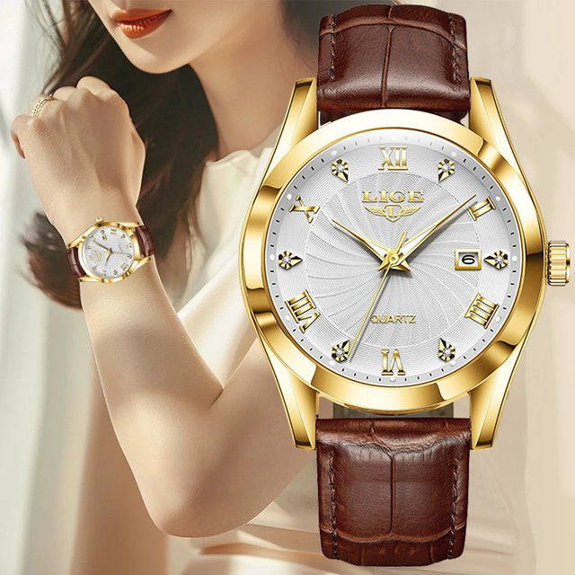 LIGE Armbanduhr Quarz, Gold, Leder, Damen - Bild 1