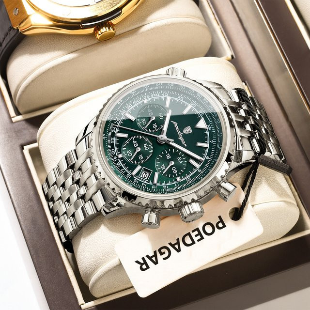 POEDAGAR Chronograph Armbanduhr Edelstahl, Quarz, Grün, Herren - Bild 1