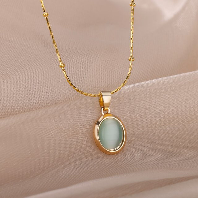 HPTOTMG Halskette mit Oval Opal Anhänger, Edelstahl, Gold, Perle, Damen - Bild 1