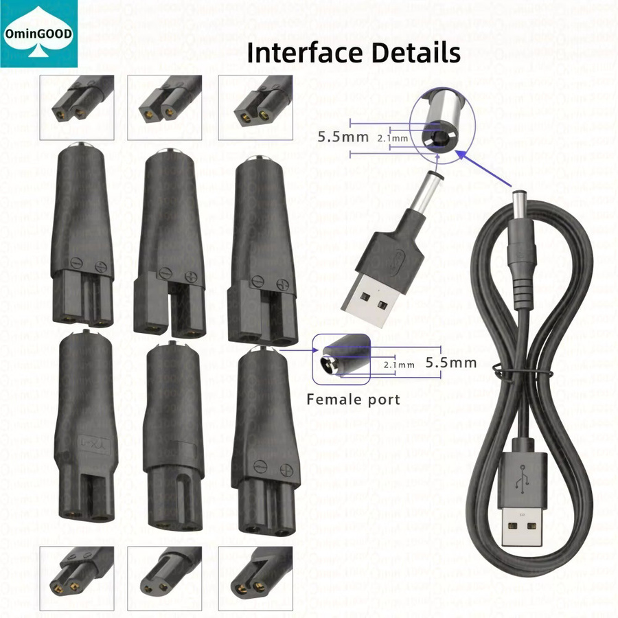 8-teiliges USB-C Ersatz-Ladegerät Set 5V mit USB-Adapter für Haarschneidemaschinen, Bartschneider und Rasierer, Schwarz - Bild 2