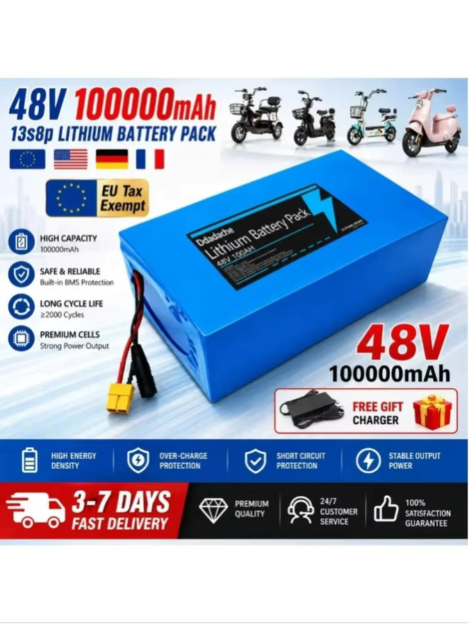 Lithium-Akku 48V 100Ah 13s8p für Citycoco Motorroller mit integriertem 50A BMS in Blau - Bild 1
