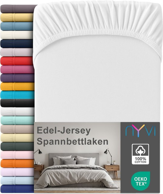 NYVI Edel Jersey Spannbettlaken Deluxe aus 100% supergekämmter Baumwolle, Weiß, B/T: 180 x 200 cm, Steghöhe bis 25 cm - Bild 1