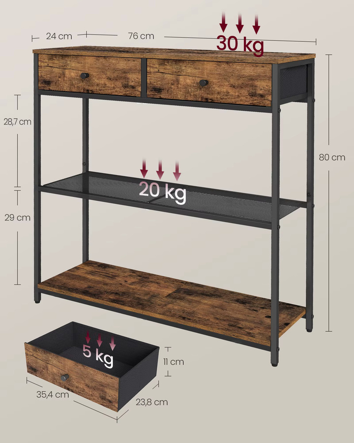 VASAGLE Konsolentisch im Industrial Design mit 2 Stoffschubladen, Beistelltisch für Flur und Wohnzimmer, Schwarz-Braun, B: 76 cm, T: 24 cm, H: 80 cm - Bild 5