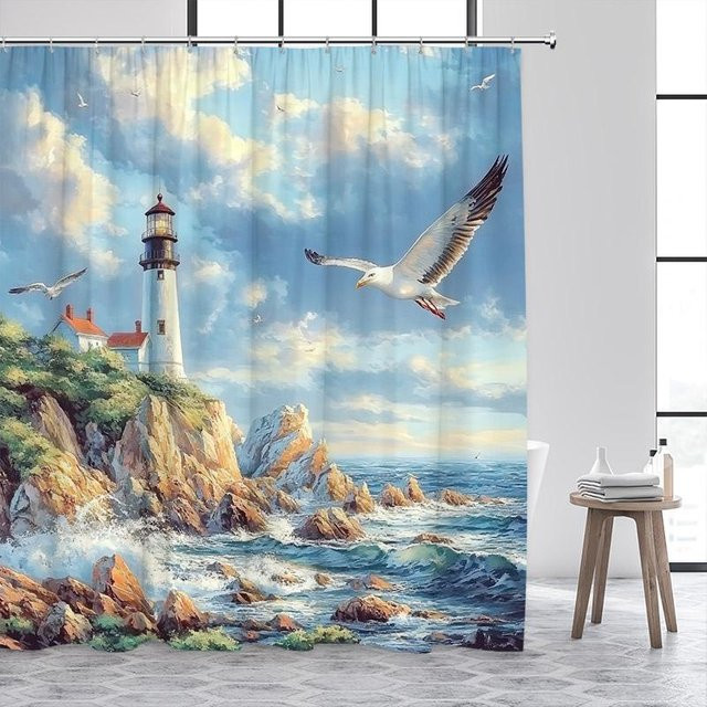 Dai Jiaochuan Duschvorhang Blue Ocean mit Leuchtturm und Meereswellen in Aquarellkunst, Blau, B: 90 cm, H: 180 cm - Bild 1