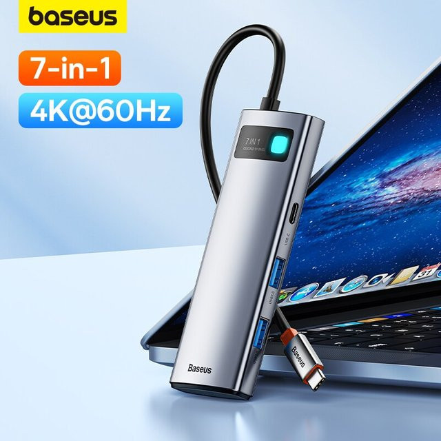 Baseus 7-in-1 USB-C Hub Gen 2 in Silber mit 4K @ 60Hz HDMI, 3x USB 3.0, PD 100W Type-C und SD/TF-Kartenleser für MacBook und iPad - Bild 1