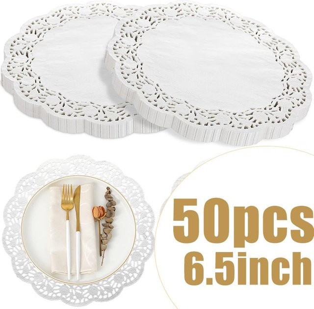 50 Stück Spitzen-Deckchen aus Papier in Weiß als ölabsorbierende Pads für Backen, Kochen und Tischdekoration bei Hochzeiten oder Partys - Bild 1