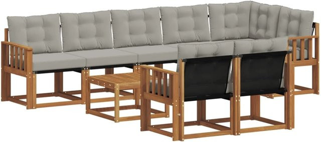 vidaXL Outdoor-Sofagarnitur 9-teilig aus Akazienholz mit Textilene und Kissen in Natur und Grau - Bild 1