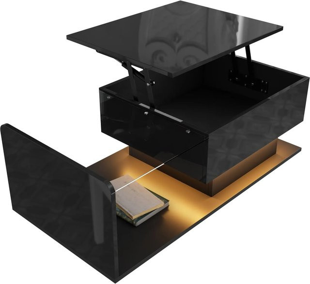 PXloue Couchtisch in Schwarz mit Hochglanz-Optik, Glasplatte und Hebefunktion, B/T/H: 100 x 50 x 47,5 cm - Bild 1