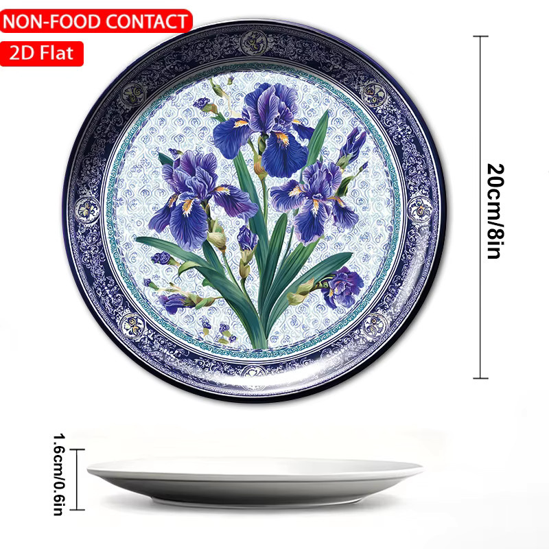 FORJN Keramik-Dekorplatte mit blauem Iris-Blumenmuster, runde Wandplatte, Durchmesser: 20 cm - Bild 4