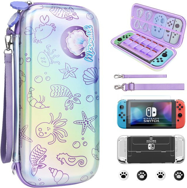 10-in-1 Meerjungfrau Zubehör-Set für Nintendo Switch OLED inklusive Tragetasche, TPU-Abdeckung und Displayschutzfolie in Schwarz - Bild 1