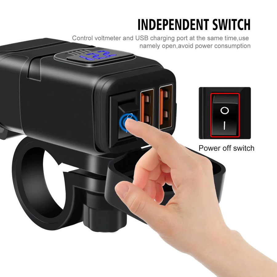 Universal 12V Motorrad USB Ladegerät mit USB-A und USB-C Schnellladefunktion, Digitales Netzteil für Motorrad Zubehör in Schwarz und Blau - Bild 5