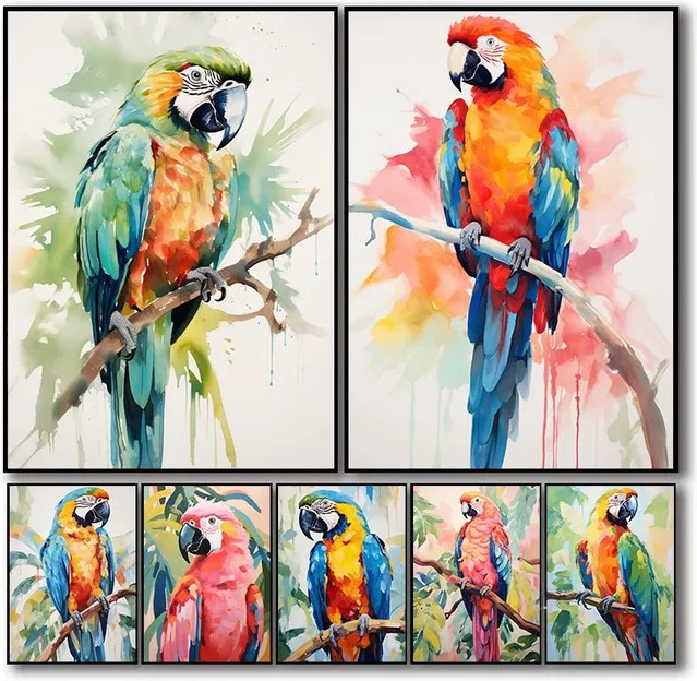 Potdemiel Aquarell Poster Papagei Tropischer Vogel Moderne Leinwand Kunst Wandbild Bunt - Bild 1
