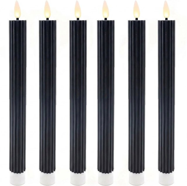 Relaxdays LED Stabkerzen 6er Set aus Echtwachs in Schwarz mit flackerndem Flammeneffekt und Rillen-Design, Höhe: 25 cm, Durchmesser: 2 cm - Bild 1