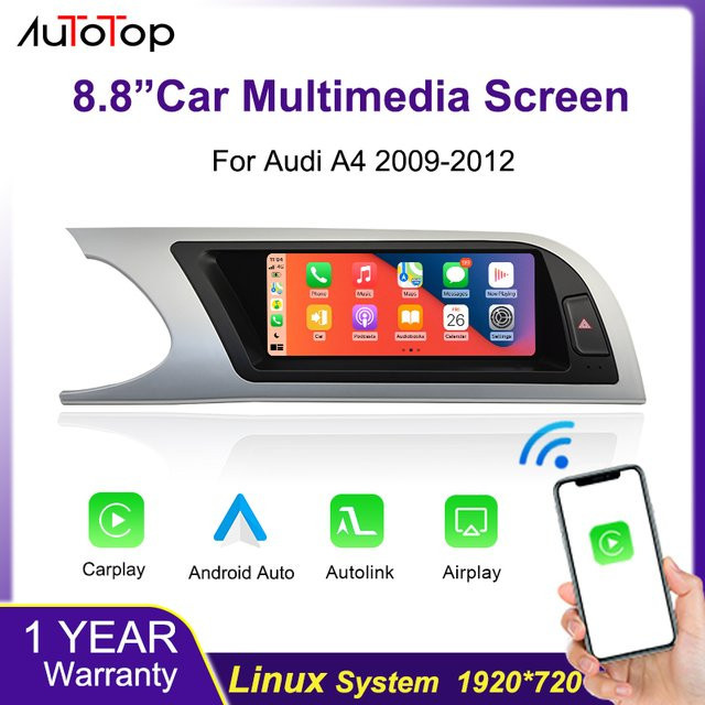AUTOTOP Wireless Carplay und Android Auto Touchscreen für Audi A4 B8 2009-2012 MMI 2G MMI 3G Multimedia Steuergerät in Schwarz mit 8,8 Zoll Display und Bluetooth - Bild 1