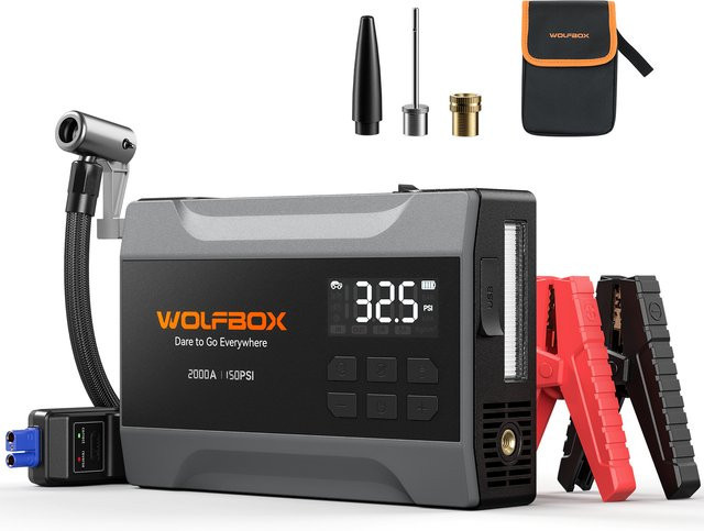 WOLFBOX MV10A Tragbare Starthilfe mit 10000mAh und integriertem Luftkompressor für Benzinmotoren bis 5L, 2000A Peak-Strom, 150PSI Reifenfüller und LED-Licht - Bild 1
