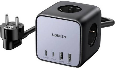 UGREEN DigiNest Cube Ladegerät 65W mit 3 Schuko-Steckdosen, 2 USB-A und 2 USB-C Anschlüssen, Grau - Bild 2