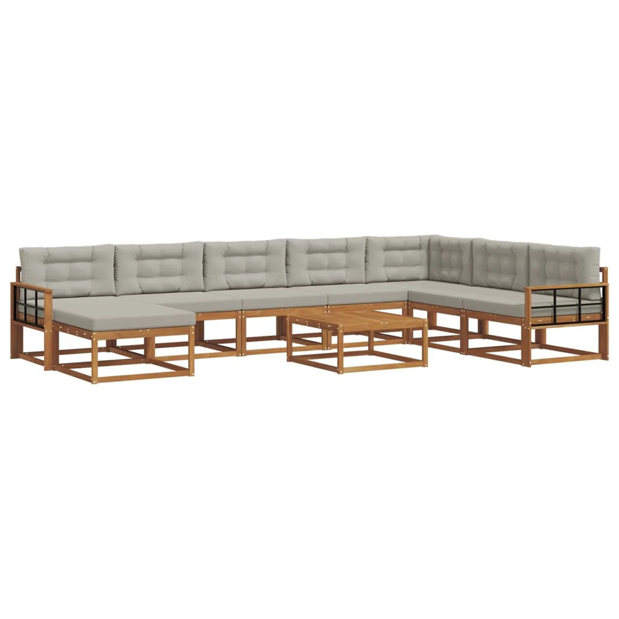 vidaXL Outdoor-Sofagarnitur 9-tlg. aus Akazienholz in L-Form mit Kissen in Grau und Natur - Bild 2