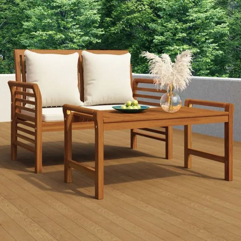 2-teiliges Gartenlounge-Set aus Massivholz mit cremeweißen Kissen von vidaxl - Bild 1