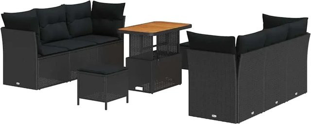 vidaXL 9-teiliges Garten-Sofa-Set aus Polyrattan und Akazie mit Kissen in Schwarz - Bild 1