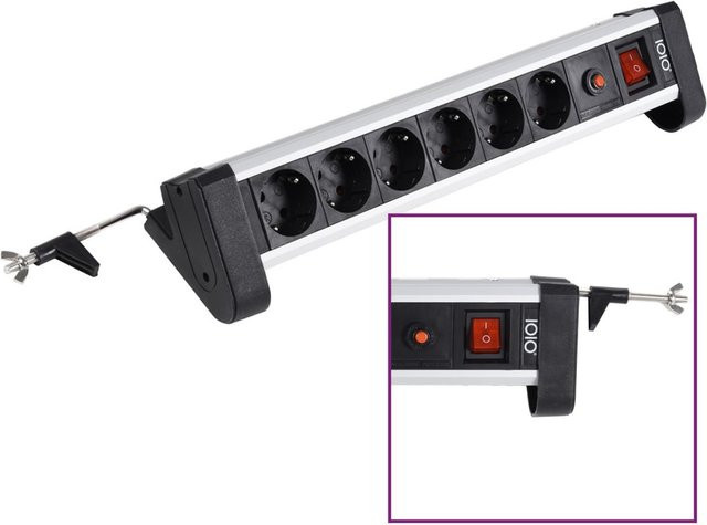 IOIO SL 2625S Aluminium 6-fach Tisch-Steckdosenleiste mit Überlastschutz, Ein/Aus-Schalter und Schreibtischhalterung in Silber - Bild 1