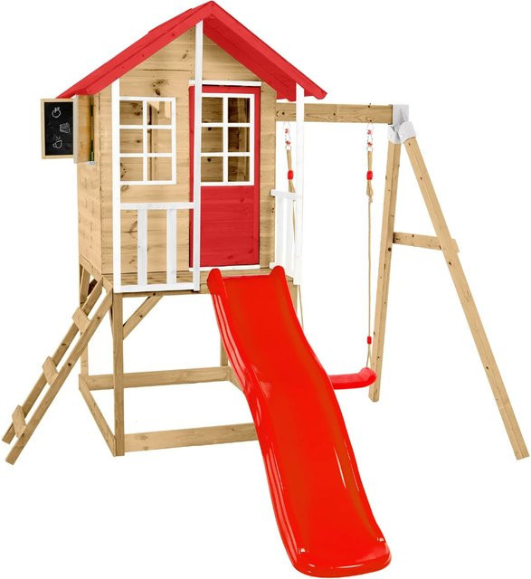 Zwerkules Holzspielhaus Lolla 2 mit Rutsche und Schaukel in Natur und Rot, B/T/H: 352 x 280 x 224 cm - Bild 1
