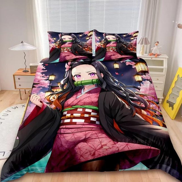 Anime Bettwäsche-Set Demon Slayer Muichiro Tokito mit 1 Bettbezug und 2 Kissenbezügen, Mikrofaser, Mehrfarbig, B/H: 135 x 200 cm - Bild 1