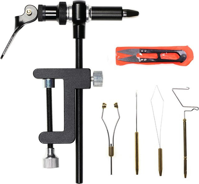 Sportssss Fliegenbinde-Werkzeug-Kombi-Set aus Metall in Schwarz mit 6 Teilen inklusive Schraubstock, Spulenhalter, Einfädler, Nadelpeitsche, Finisher und Schere - Bild 1