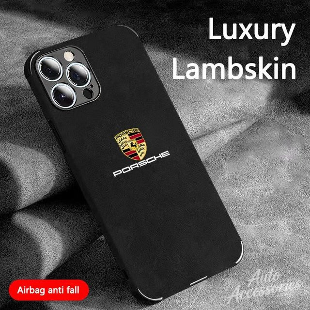 Porsche Wildleder Handyhülle mit Logo für iPhone 16 15 14 13 12 Pro Max Plus und XS XR in Schwarz - Bild 1