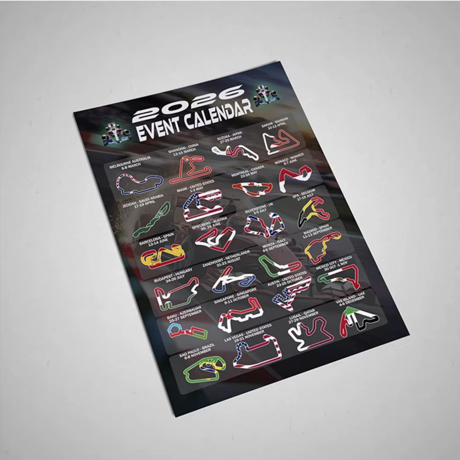 Formel Racing Event Kalender Poster 2026 mit Track Layouts und Nationalflaggen Wandkunstdruck von SHENCHEN, Multicolor, H: 33,0 cm, B: 24,0 cm - Bild 4