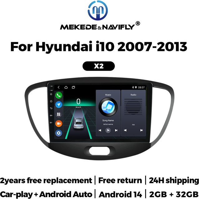 MEKEDE Android 14 Multimedia-Player Autoradio mit Carplay für Hyundai Grand I10 2007 - 2013, IPS-Bildschirm, Schwarz - Bild 1