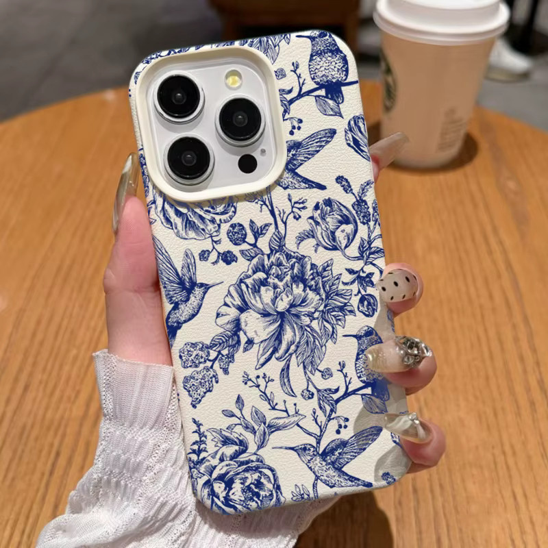 Blaue Handyhülle mit Retro-Blumen- und Vogelmuster für Apple iPhone 11 bis iPhone 17 Pro Max Soft Cover - Bild 5