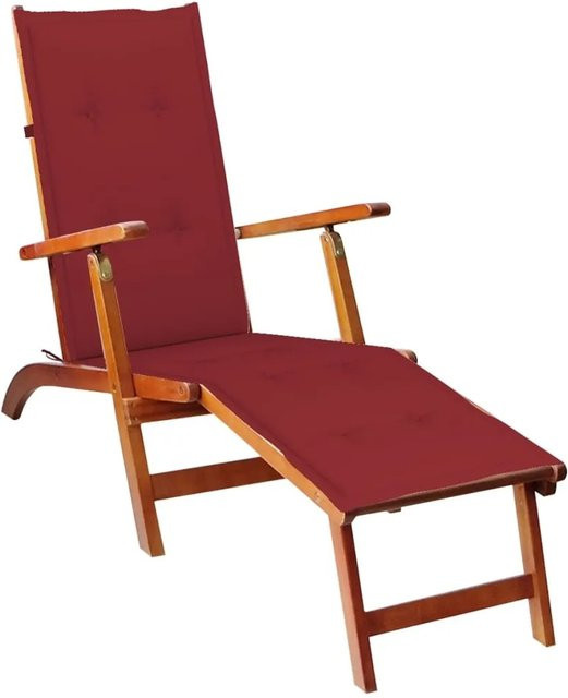 vidaXL Liegestuhl aus Akazie Massivholz mit Fußstütze und weinroter Auflage für Garten und Terrasse - Bild 1