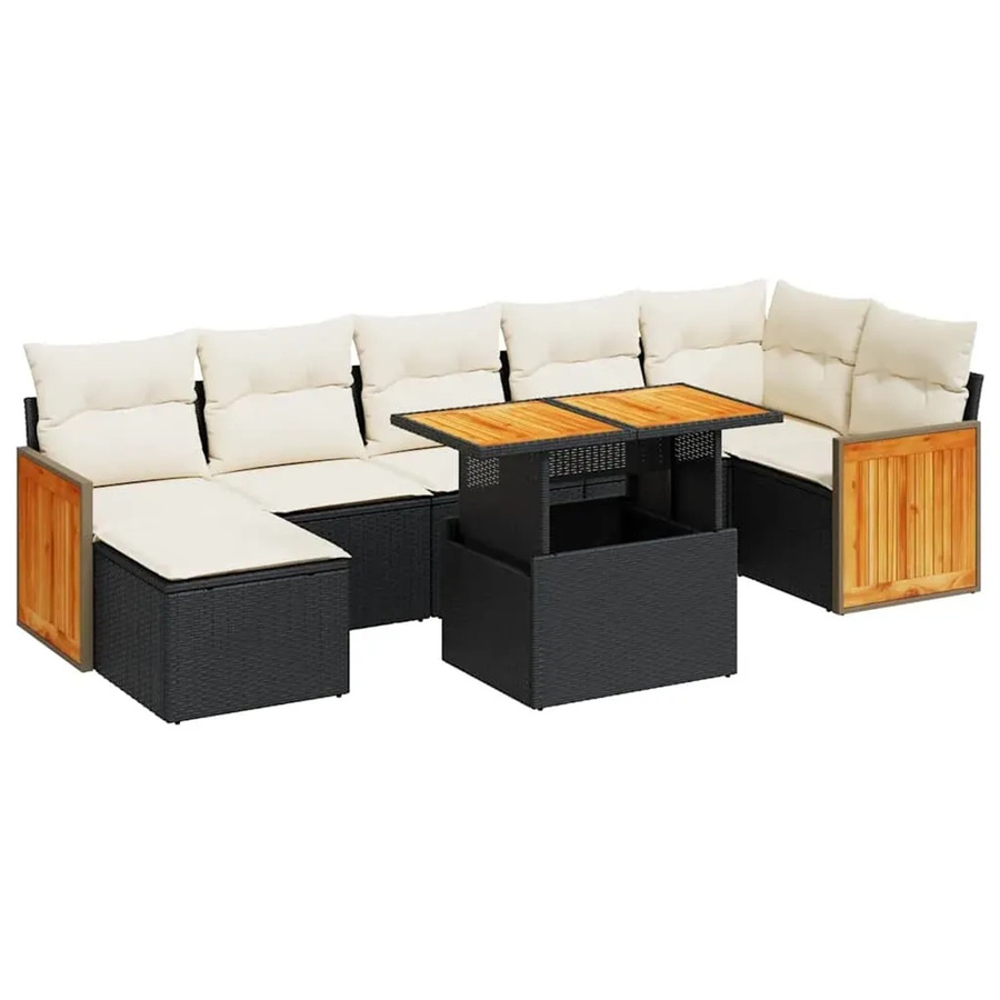 vidaXL 8-tlg Garten-Sofagarnitur in L-Form aus Polyrattan und Akazienholz mit Kissen in Schwarz-Creme - Bild 2