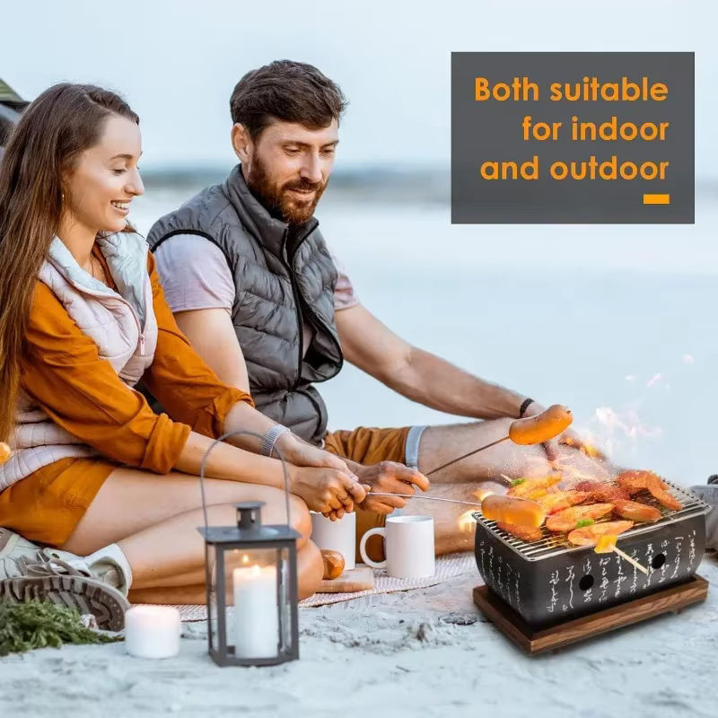 Japanischer Tragbarer Kohlegrill aus Aluminium in Silber mit Holzbasis und Grillwerkzeug - Bild 5