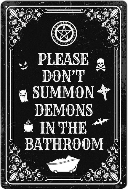 POBBUK Halloween Metallschild Bitte schlage Dämonen im Badezimmer nicht Wanddekoration Goth Schwarz - Bild 1