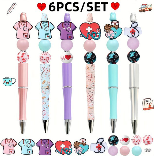 6er Set DIY-Perlenstift mit medizinischen Silikonperlen und schwarzer Tinte für Arzt und Krankenschwester, Multicolour - Bild 1