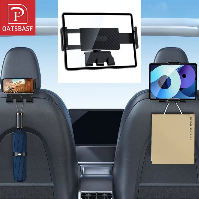 Oatsbasf Autositz-Tablet-Halterung mit Haken für Tesla Model 3, Model Y und Model 3 Highland, schwarze Handyhalterung für 4,7 bis 13 Zoll iPhone, Samsung und iPad - Bild 1