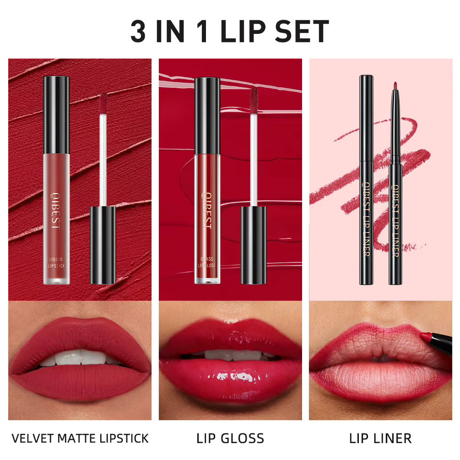 QIBEST Lippenstift Set, Matt, Rot Schwarz Lila, 3-teilig - Bild 2