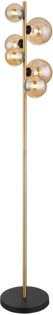 Globo LED-Stehlampe Riha 6-flammig in Schwarz matt mit Messing und bernsteinfarbenen Glasschirmen, B/T/H: 26,5 x 28,5 x 155 cm - Bild 1