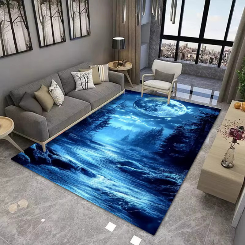 Moderner Teppich mit Mond-Print in Blau, rutschfest und verschleißfest, rechteckige Bodenmatte für Wohnzimmer und Schlafzimmer - Bild 2